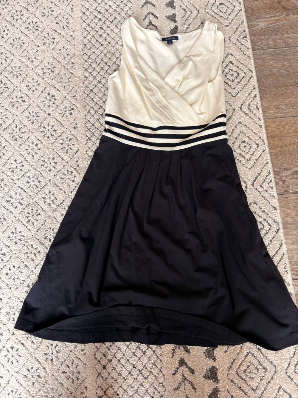 Lands' End Ivory and Black Sleeveless Fit-and-Flare Dress with Striped Waist